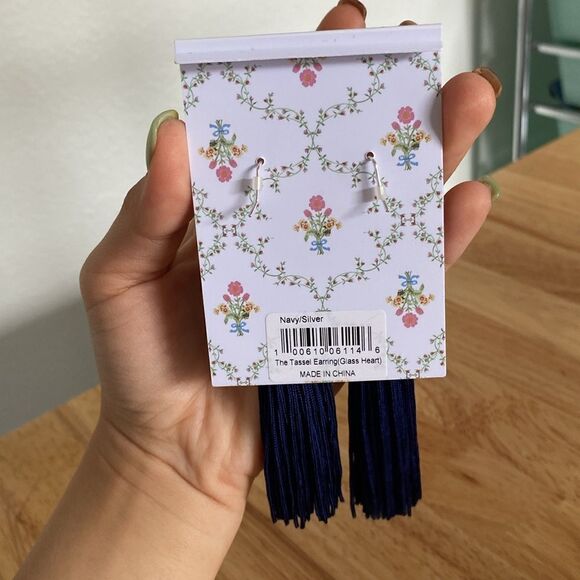 Hill House Navy Tassel Heart Earrings - Picture 5 of 8